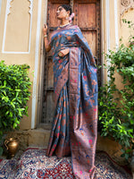 Thumbnail for Janasya Grey Banarasi Silk Woven Dual Tone Floral Design Banarasi Silk Saree - Distacart