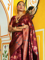 Thumbnail for Janasya Maroon Banarasi Silk Woven Dual Tone Floral Design Banarasi Silk Saree - Distacart