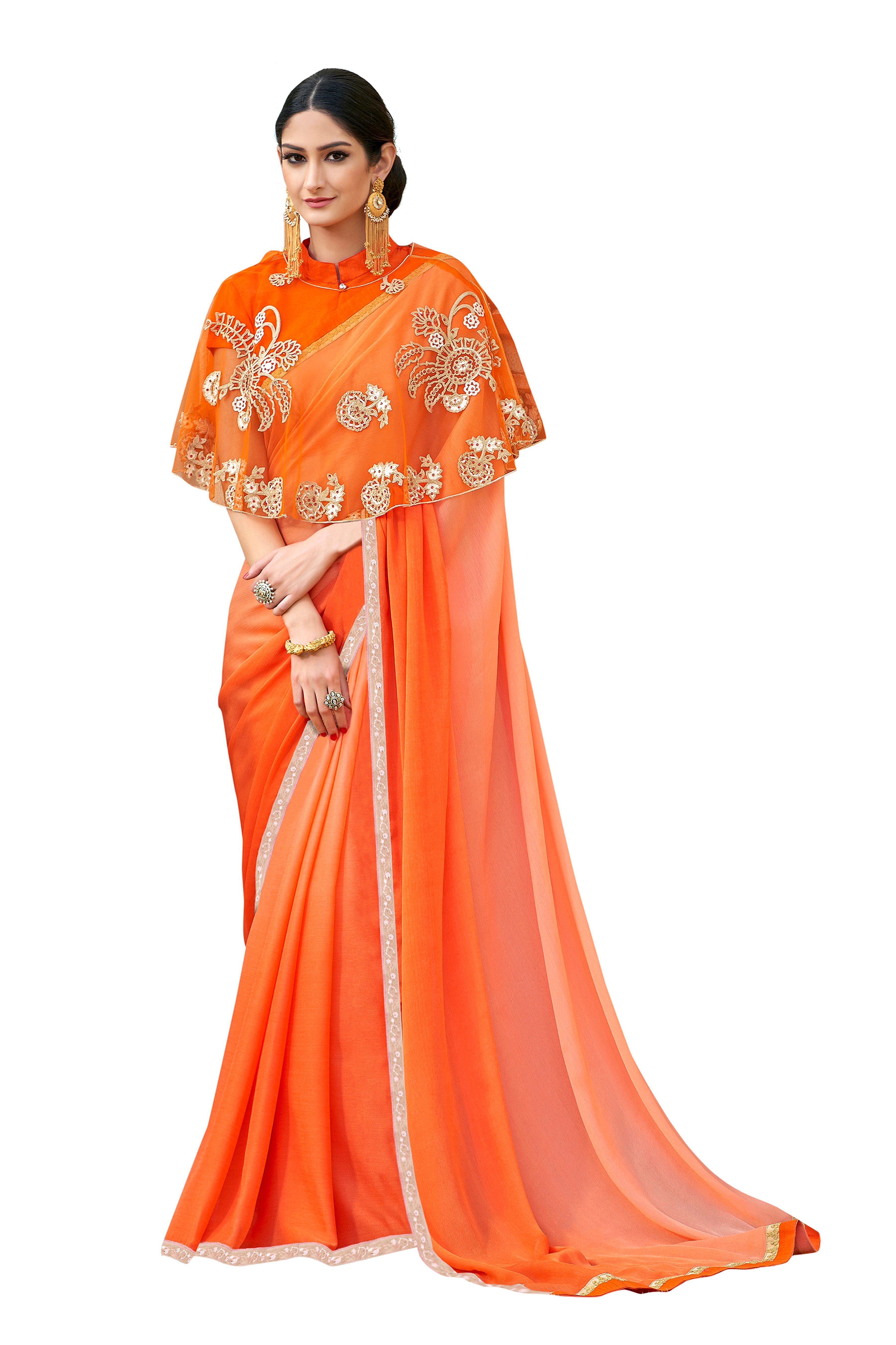 Vamika Orange Designer Saree With Double Blouse 1. Plain Silk Blouse 2. Poncho Blouse (With Embroidery And Stone Work) - Distacart