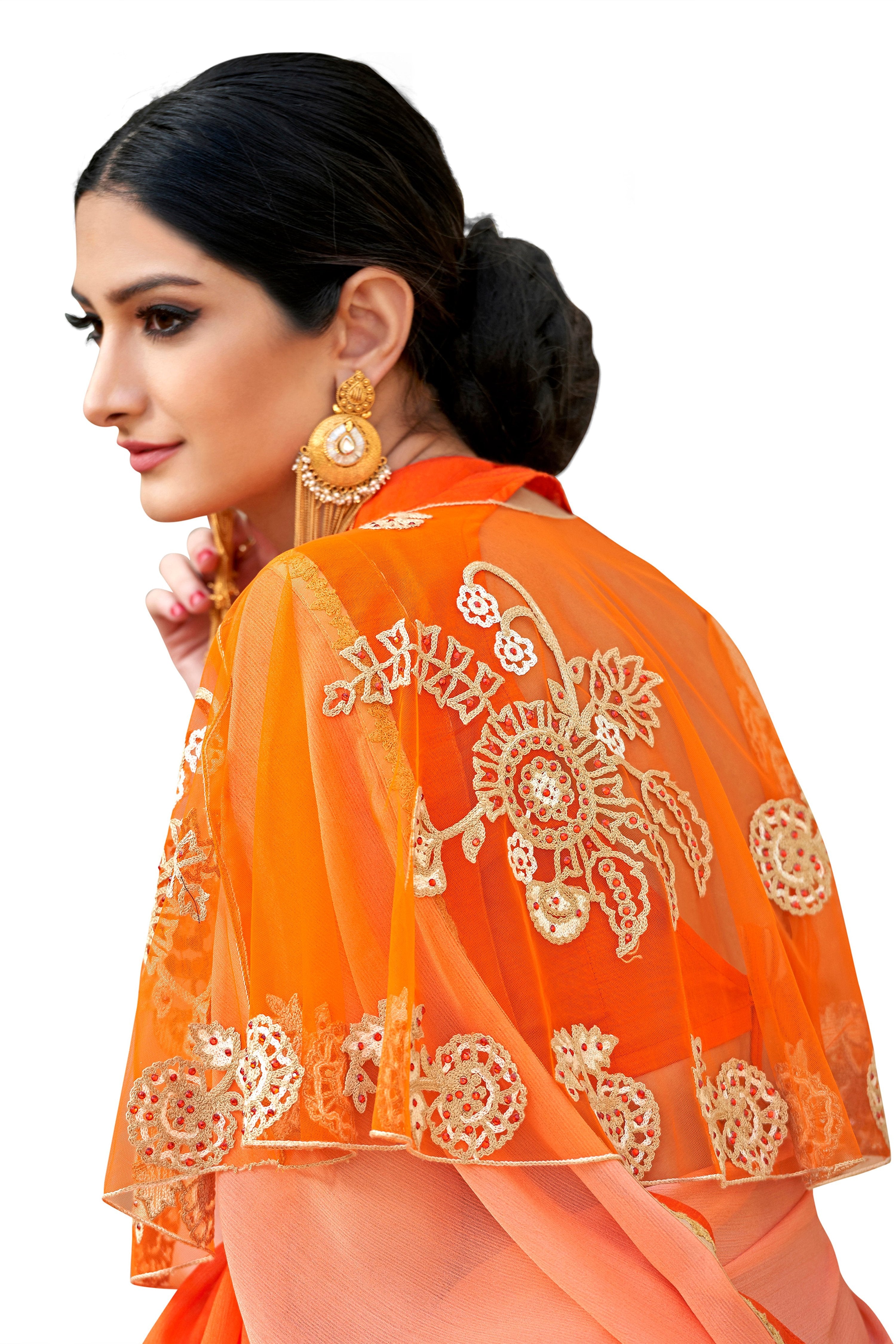 Vamika Orange Designer Saree With Double Blouse 1. Plain Silk Blouse 2. Poncho Blouse (With Embroidery And Stone Work) - Distacart
