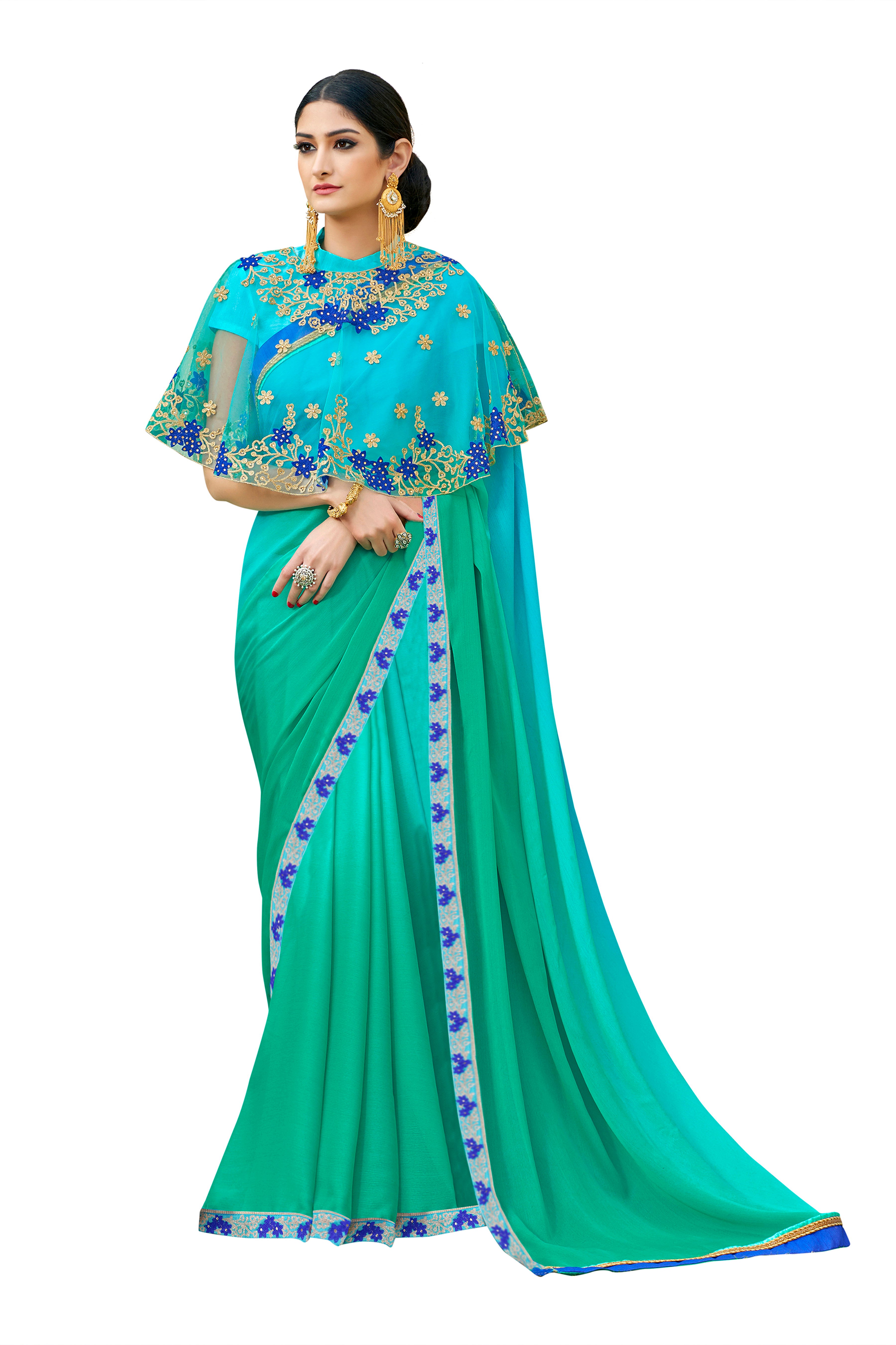 Vamika Rama Green Designer Saree With Double Blouse 1. Plain Silk Blouse 2. Poncho Blouse (With Embroidery And Stone Work) - Distacart