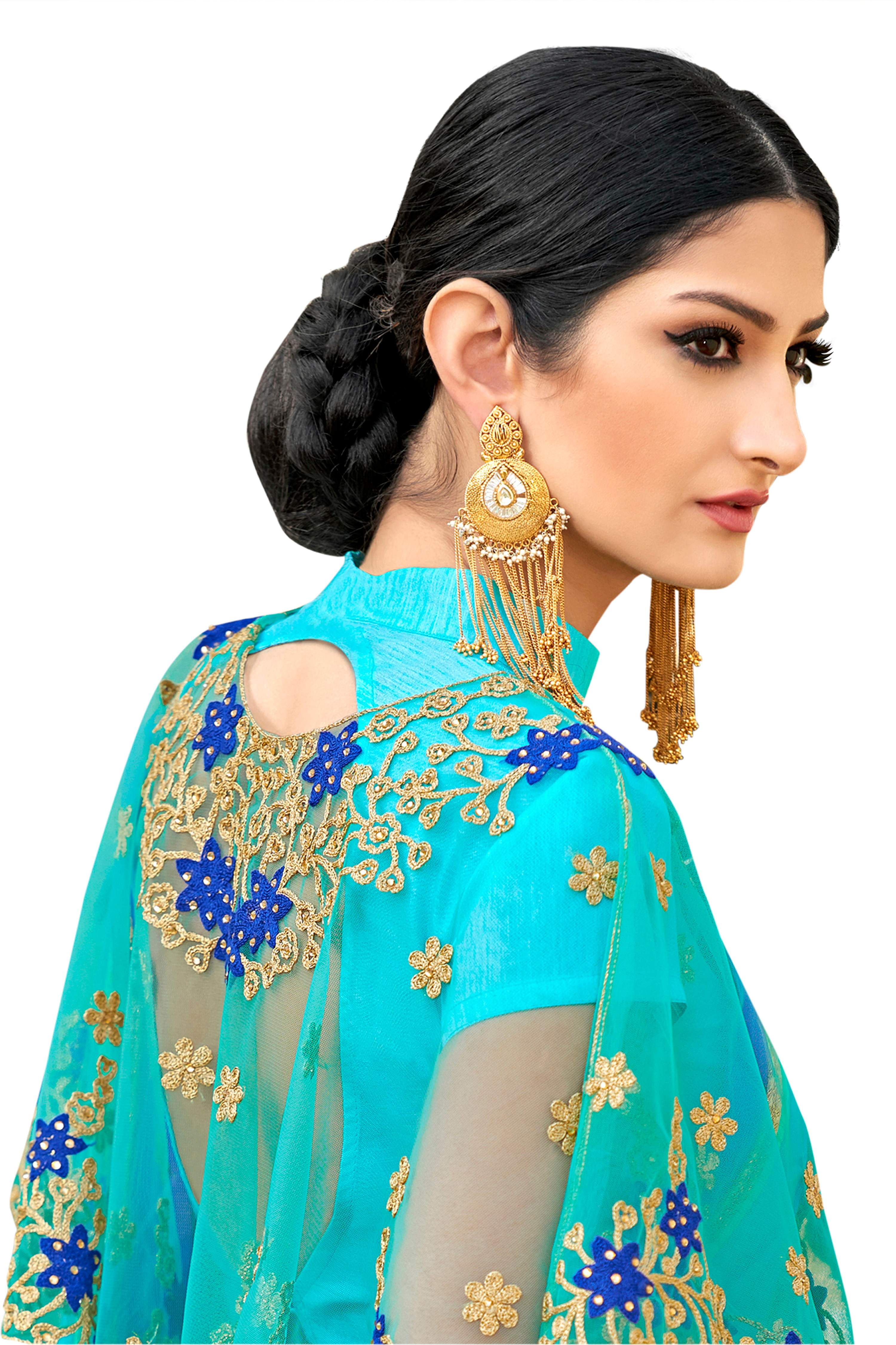 Vamika Rama Green Designer Saree With Double Blouse 1. Plain Silk Blouse 2. Poncho Blouse (With Embroidery And Stone Work) - Distacart