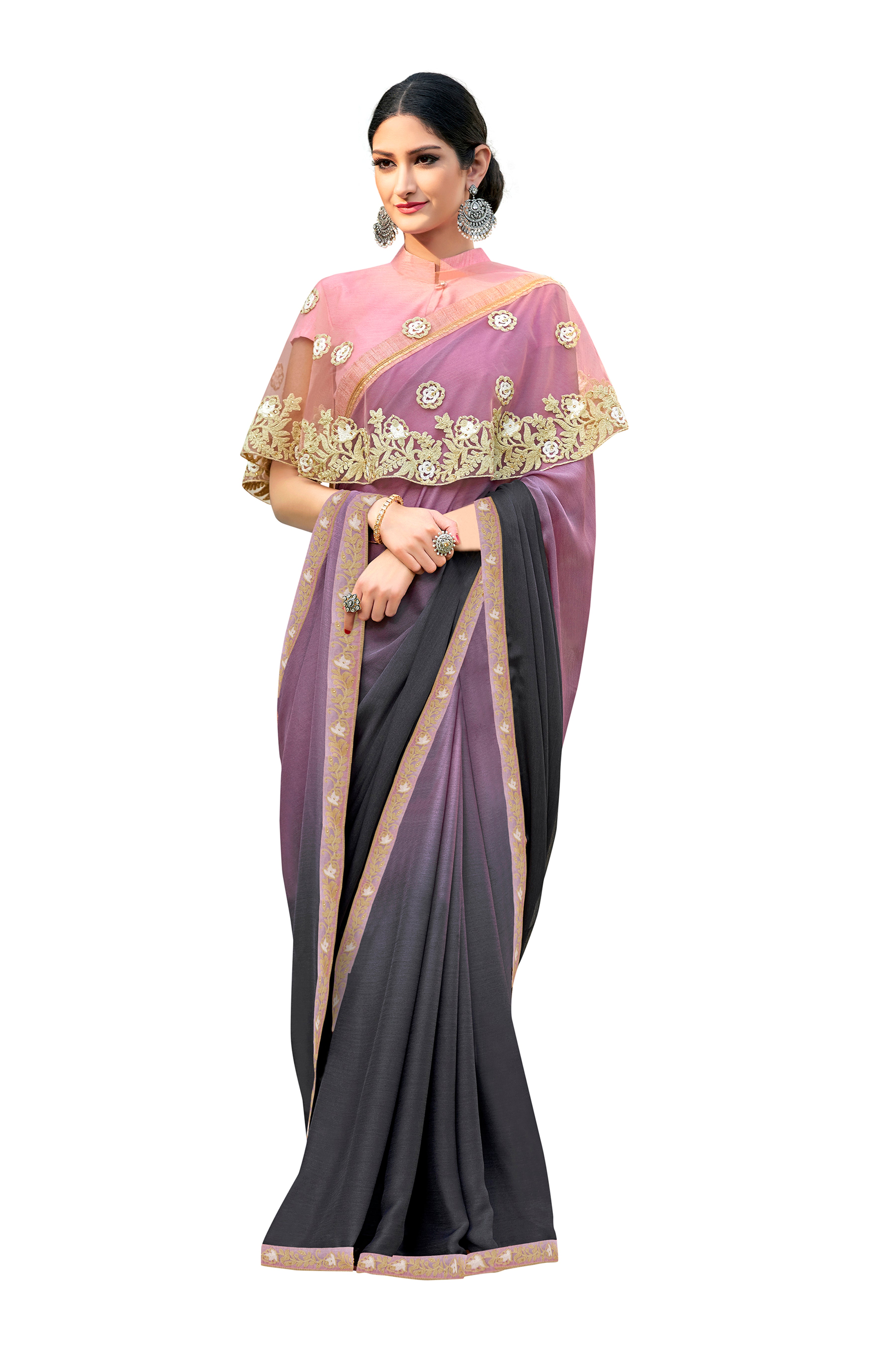 Vamika Purple Designer Saree With Double Blouse 1. Plain Silk Blouse 2. Poncho Blouse (With Embroidery And Stone Work) - Distacart