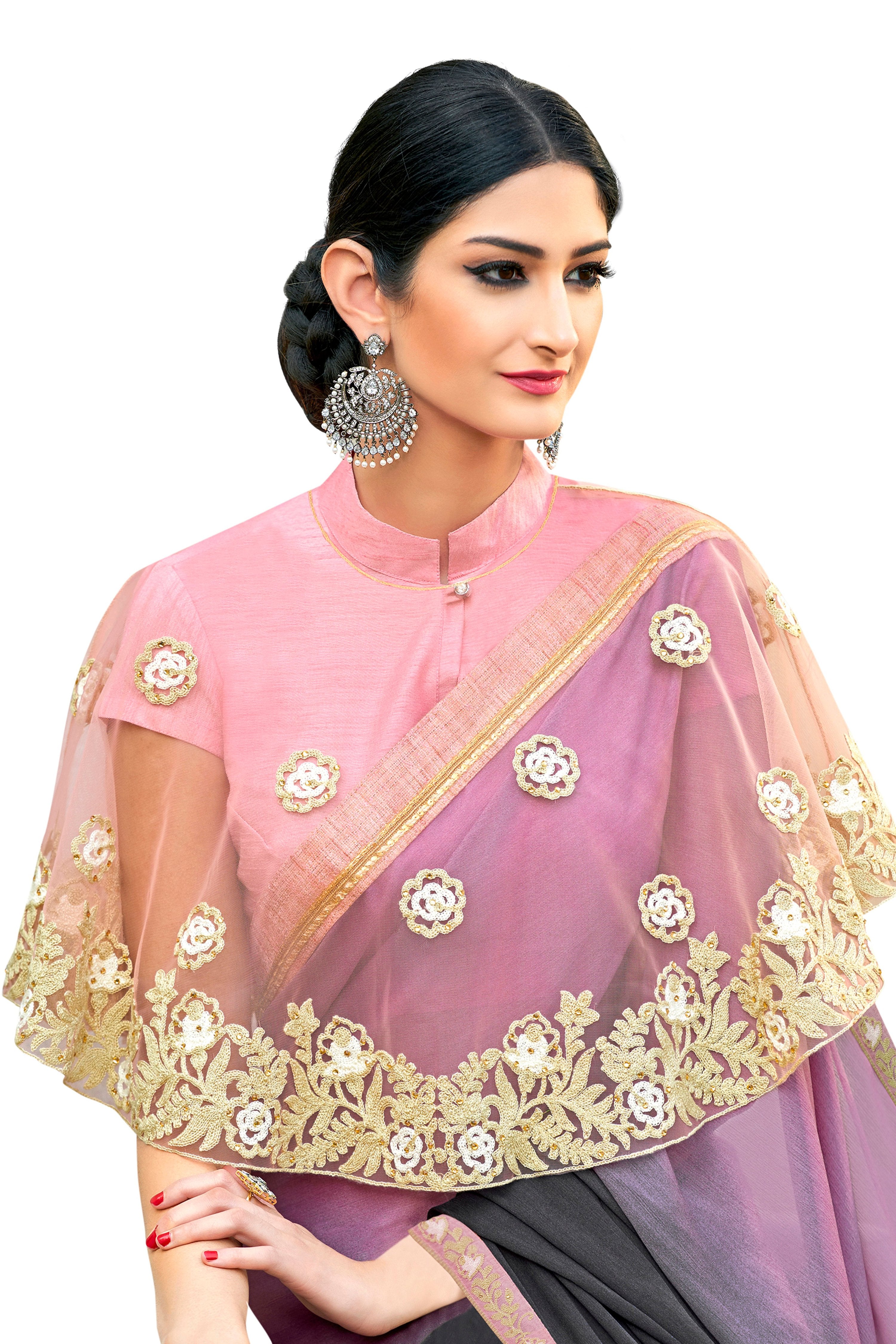 Vamika Purple Designer Saree With Double Blouse 1. Plain Silk Blouse 2. Poncho Blouse (With Embroidery And Stone Work) - Distacart