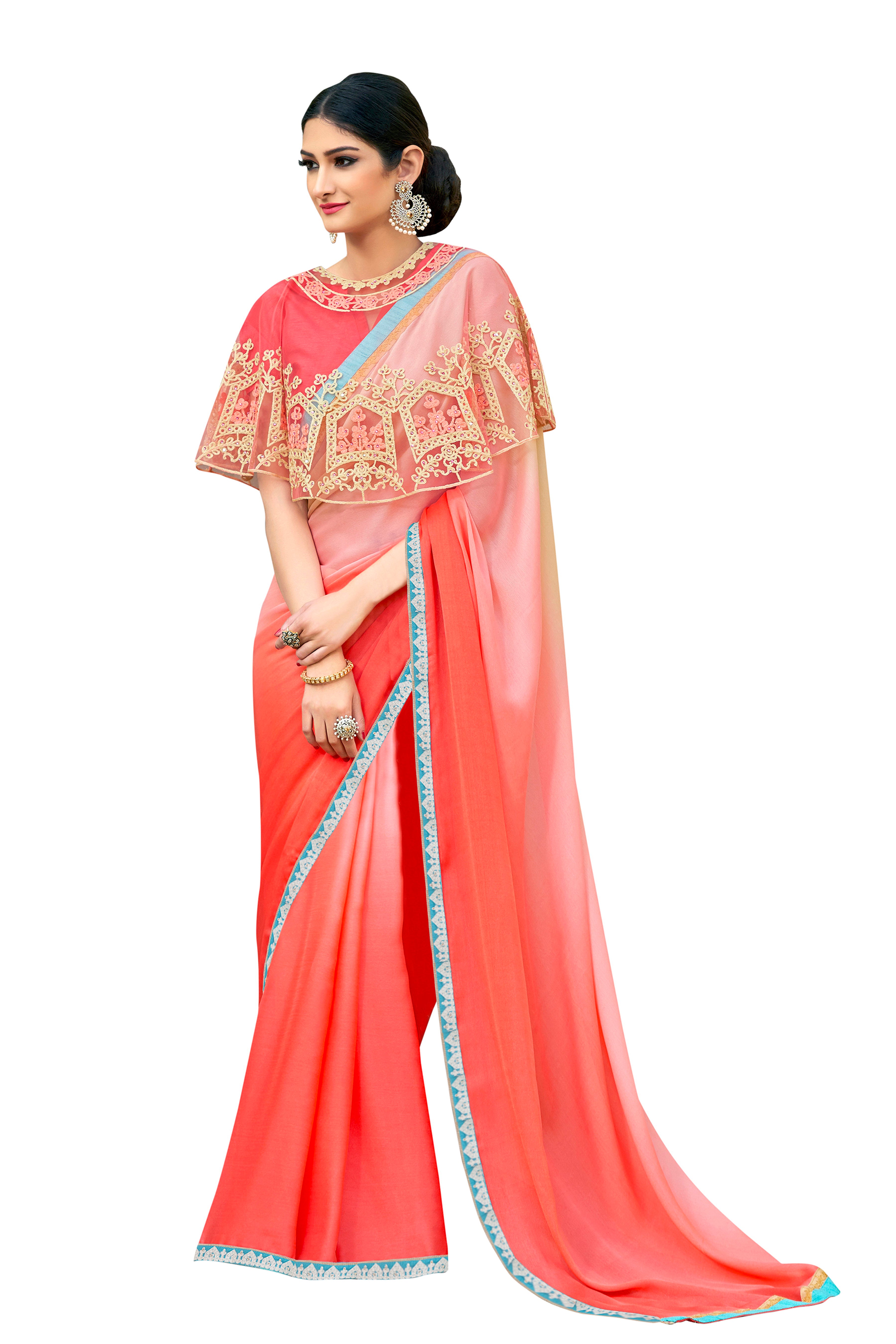 Vamika Peach Designer Saree With Double Blouse 1. Plain Silk Blouse 2. Poncho Blouse (With Embroidery And Stone Work) - Distacart