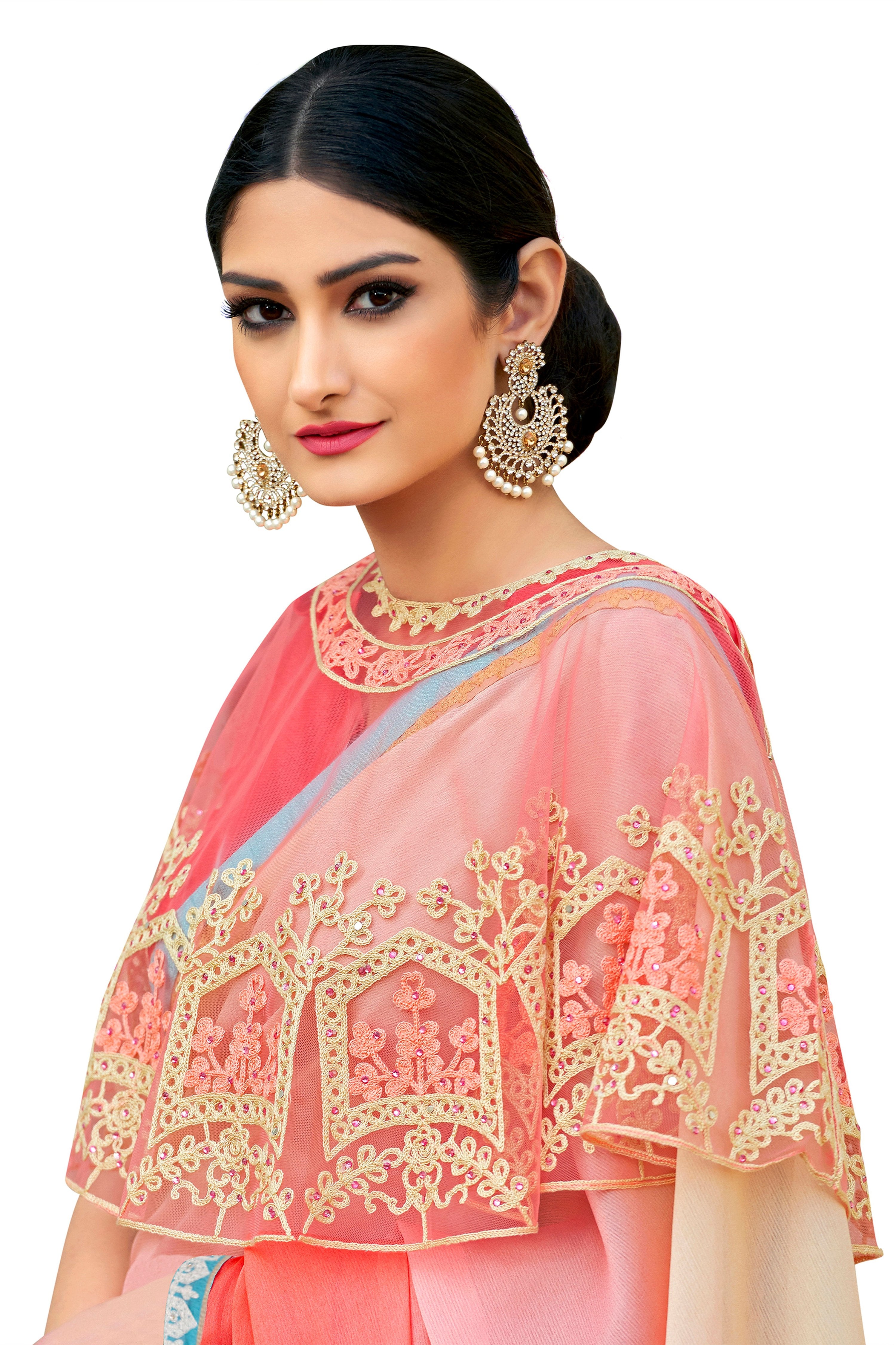 Vamika Peach Designer Saree With Double Blouse 1. Plain Silk Blouse 2. Poncho Blouse (With Embroidery And Stone Work) - Distacart