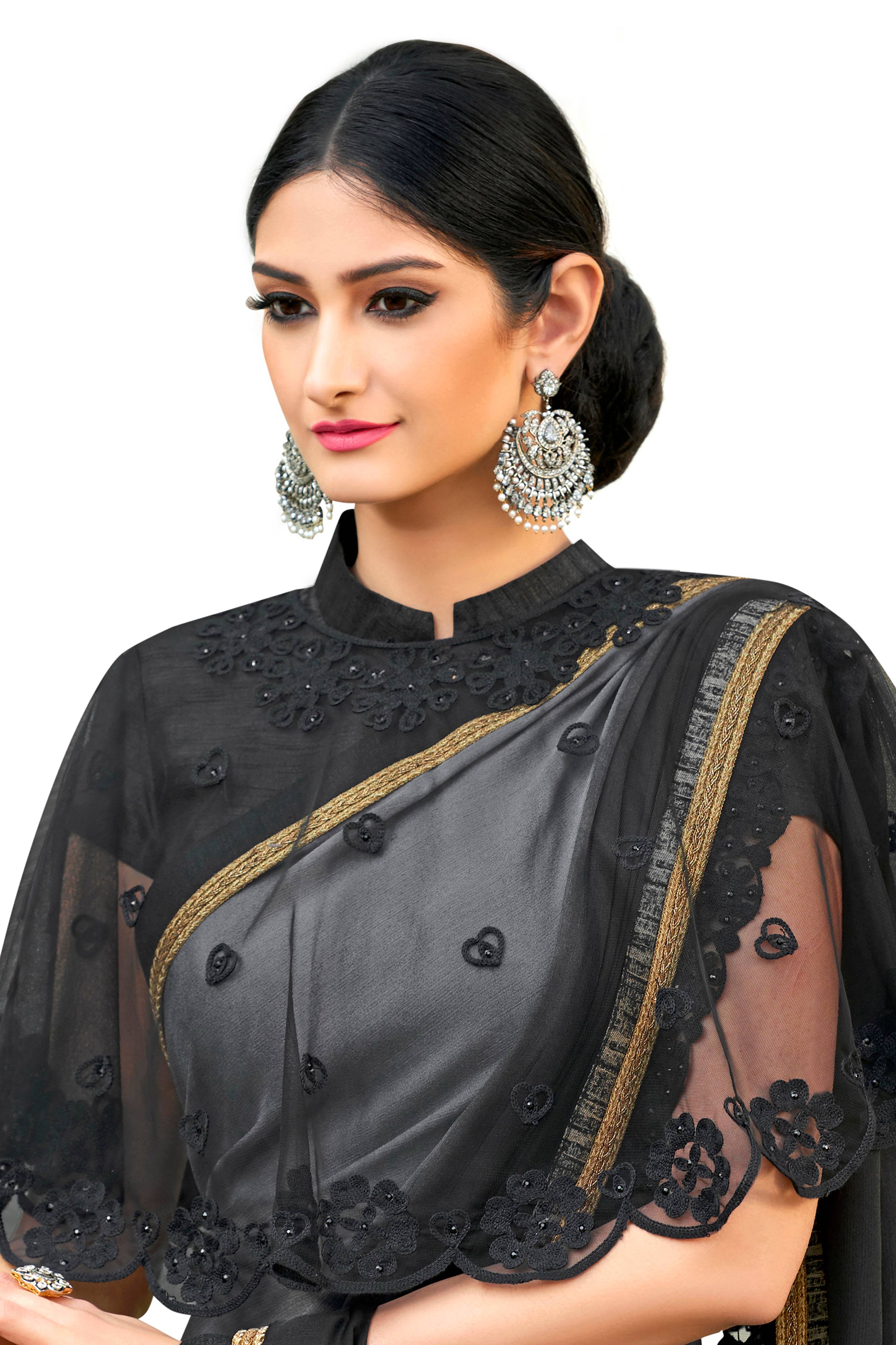 Vamika Black Designer Saree With Double Blouse 1. Plain Silk Blouse 2. Poncho Blouse (With Embroidery And Stone Work) - Distacart