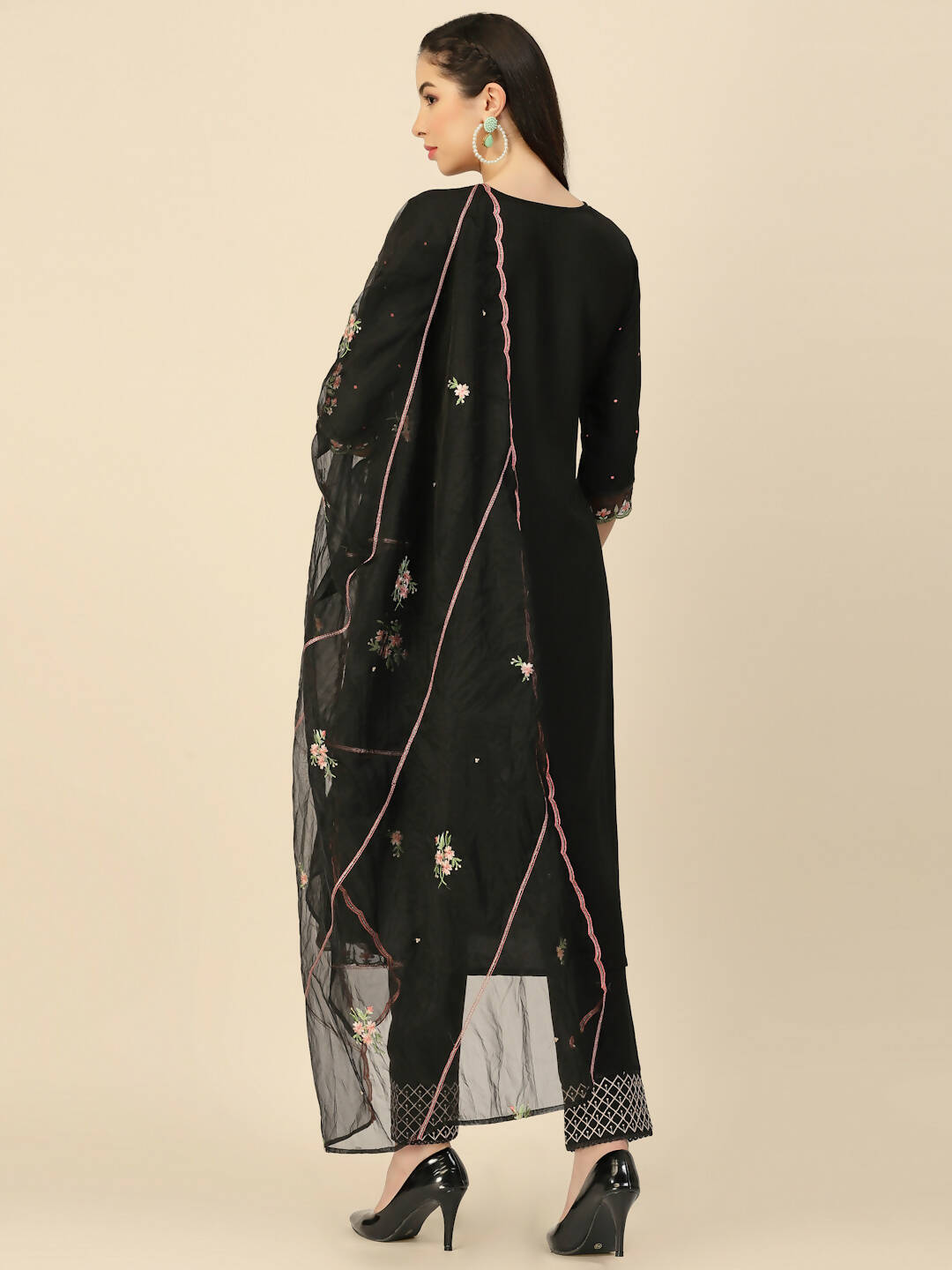 Black Embroidered Chinon Straight Kurta With Trouser & Dupatta - Salimar - Distacart