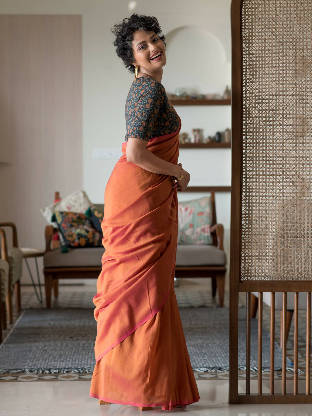 Suta Orange Solid Cotton Blend Saree - Distacart