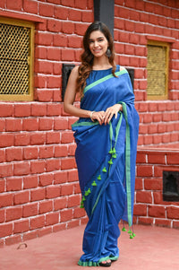Thumbnail for Very Much Indian Pure Cotton Handloom Saree With Intricate Borders - Blue - Distacart