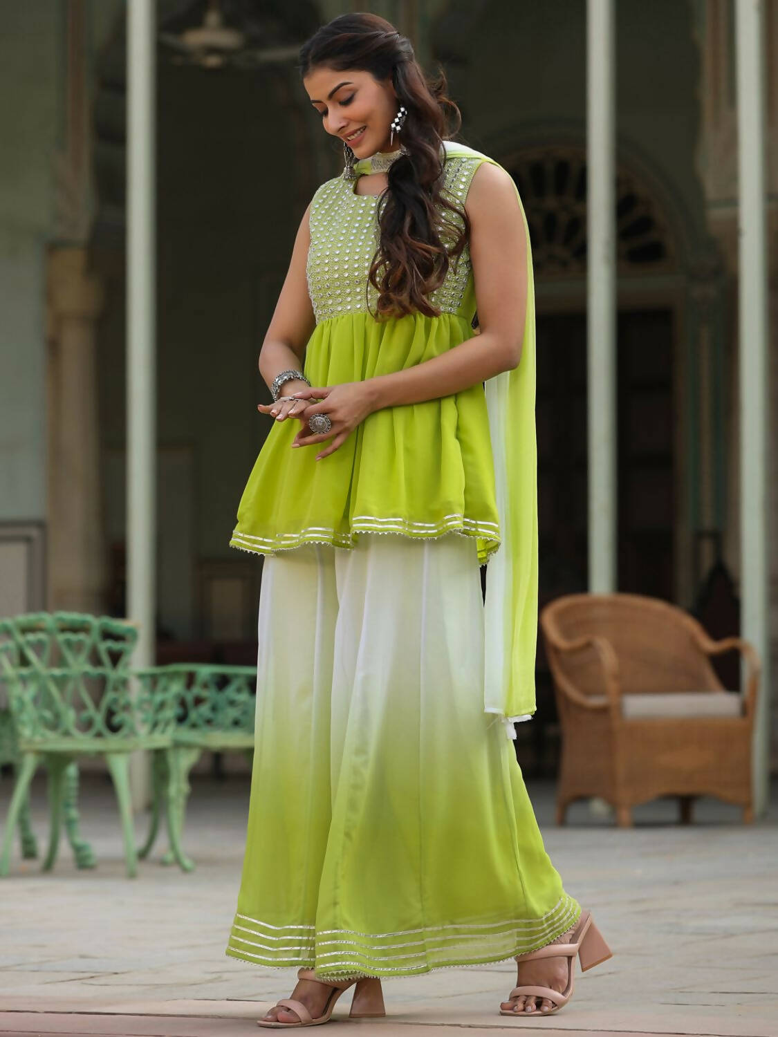 Juniper Women Green Georgette Embroidered Kurta, Palazzo and Dupatta Set - Distacart