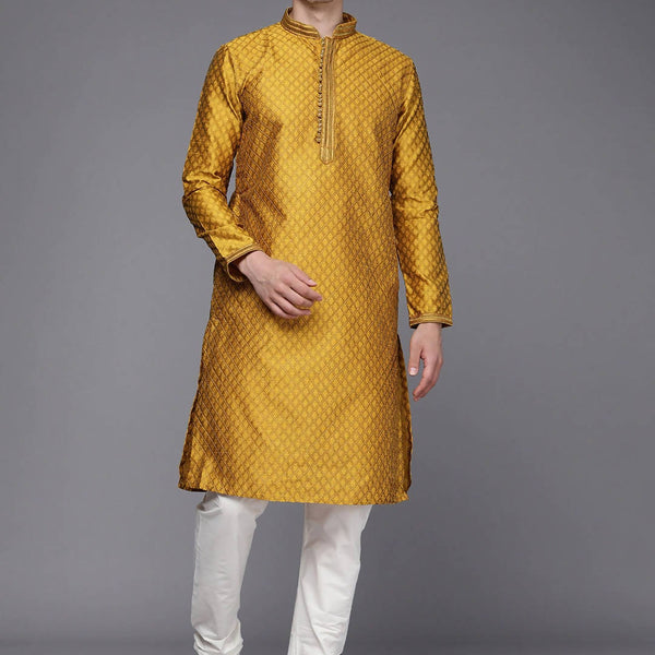 Manyavar Men Mustard Yellow Ethnic Motifs Woven Design Kurta with Churidar - Distacart