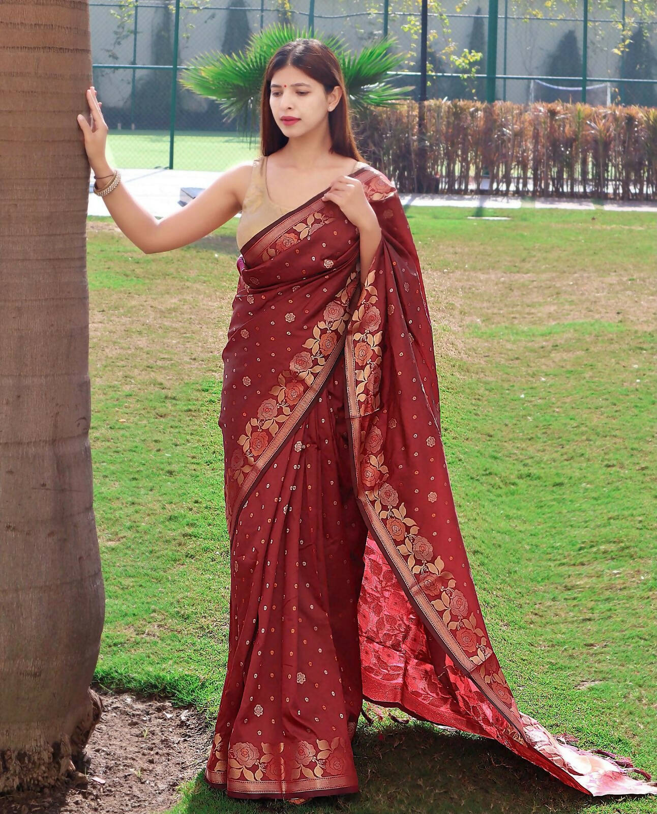 DEIANA'S Beautiful Golden Jari with New Design Soft Lichi Silk Saree - Red - Distacart