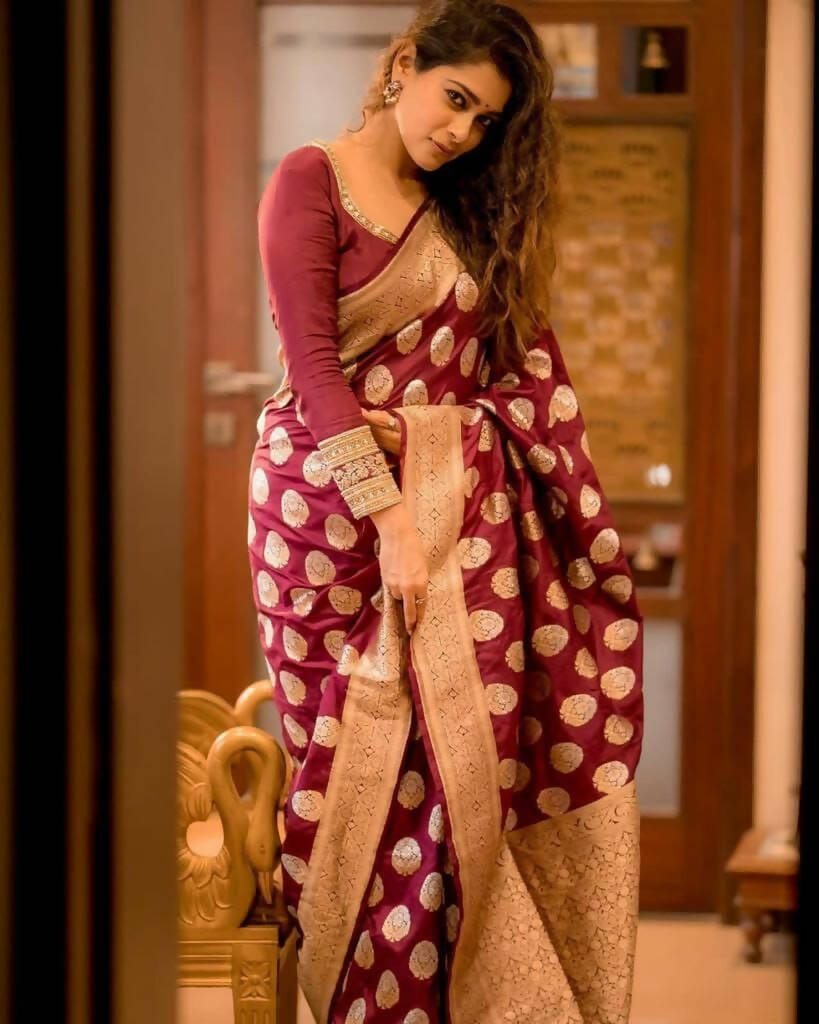 DEIANA'S Beautiful Golden Jari with New Design Soft Lichi Silk Saree - Maroon - Distacart