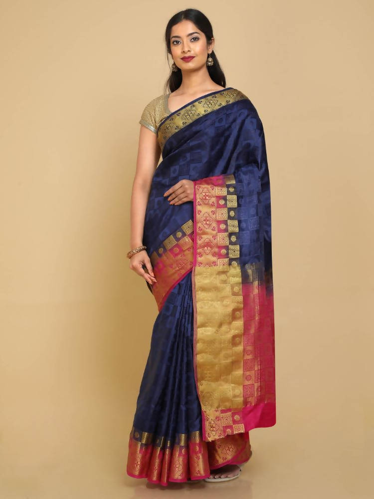 Kalamandir Checked Navy Blue Pashmina Saree