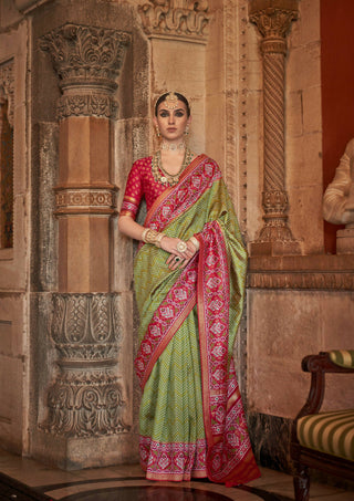 Olive Green Banarasi Weaving, Ultra Aqua Finish, Zari Work Banarasi Silk Saree - Rath Kunti - Distacart