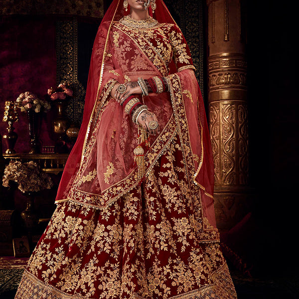 Myra Red Heavy Embroidered Bridal Designer Lehenga - Distacart