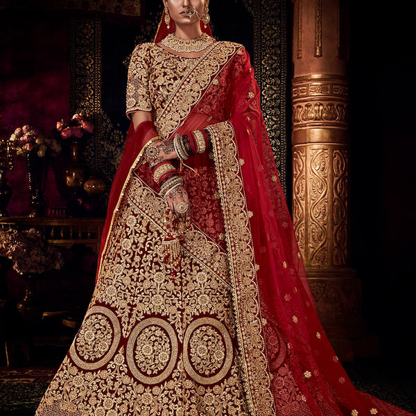 Myra Red Heavy Embroidered Bridal Designer Lehenga - Distacart