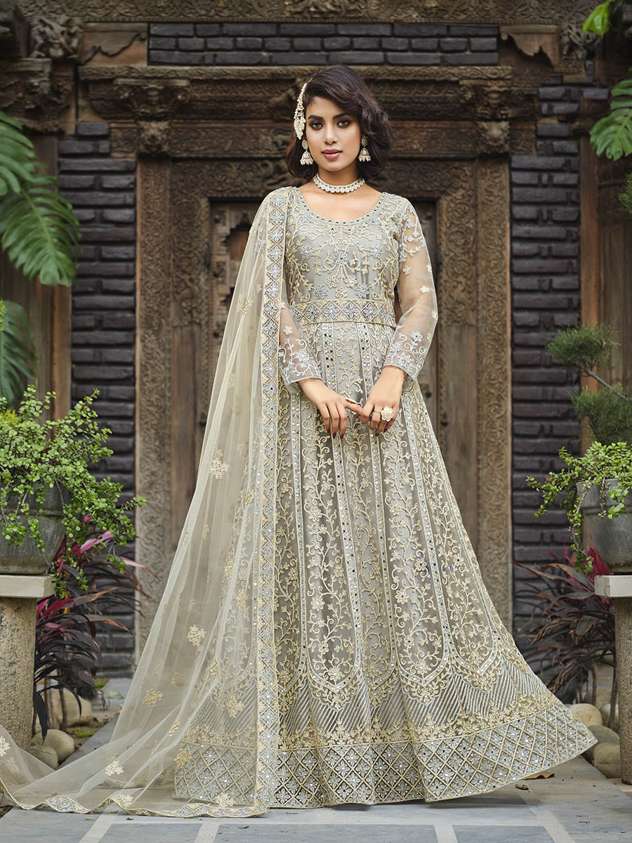 Myra Dusty Grey Butterfly Net Heavy Embroidered Designer Anarkali Suit - Distacart