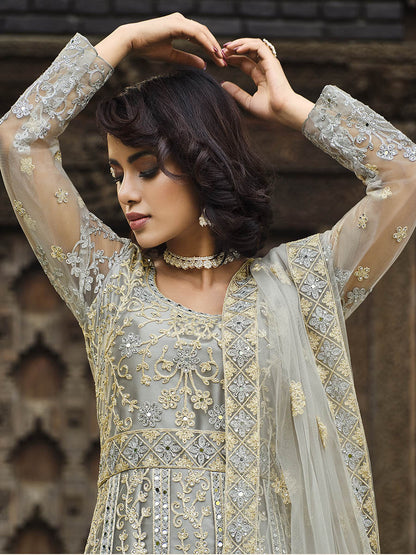 Myra Dusty Grey Butterfly Net Heavy Embroidered Designer Anarkali Suit - Distacart