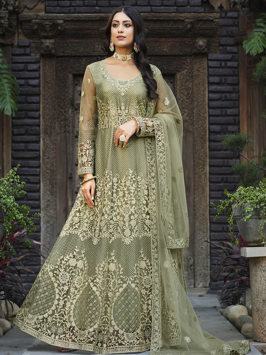 Myra Dusty Beige Butterfly Net Heavy Embroidered Designer Anarkali Suit - Distacart