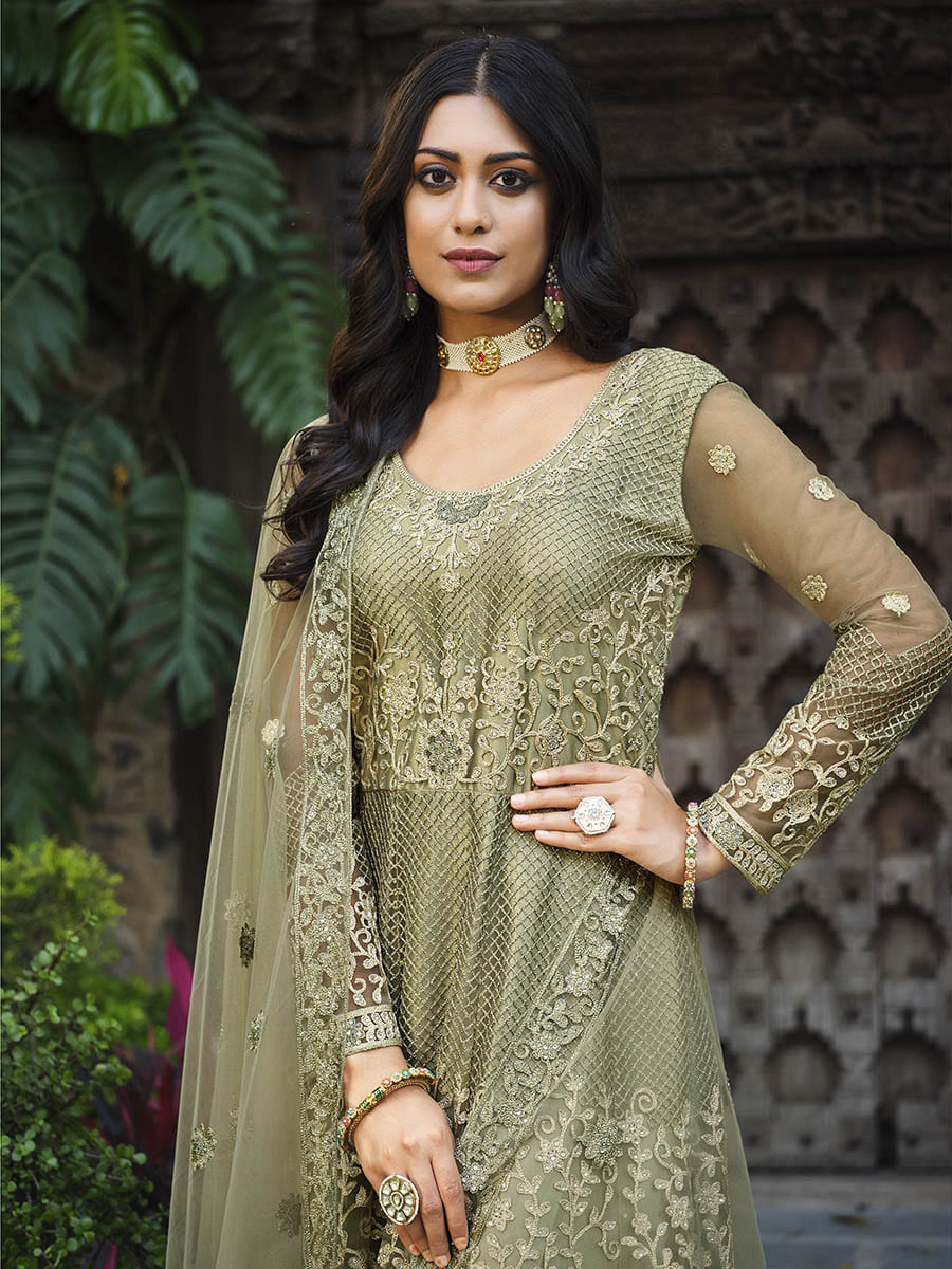 Myra Dusty Beige Butterfly Net Heavy Embroidered Designer Anarkali Suit - Distacart