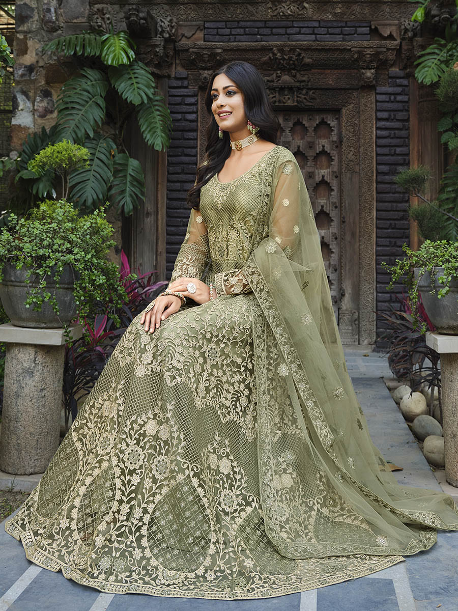 Myra Dusty Beige Butterfly Net Heavy Embroidered Designer Anarkali Suit - Distacart