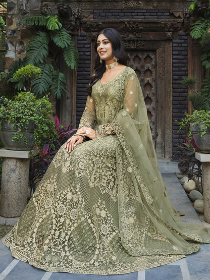 Myra Dusty Beige Butterfly Net Heavy Embroidered Designer Anarkali Suit - Distacart