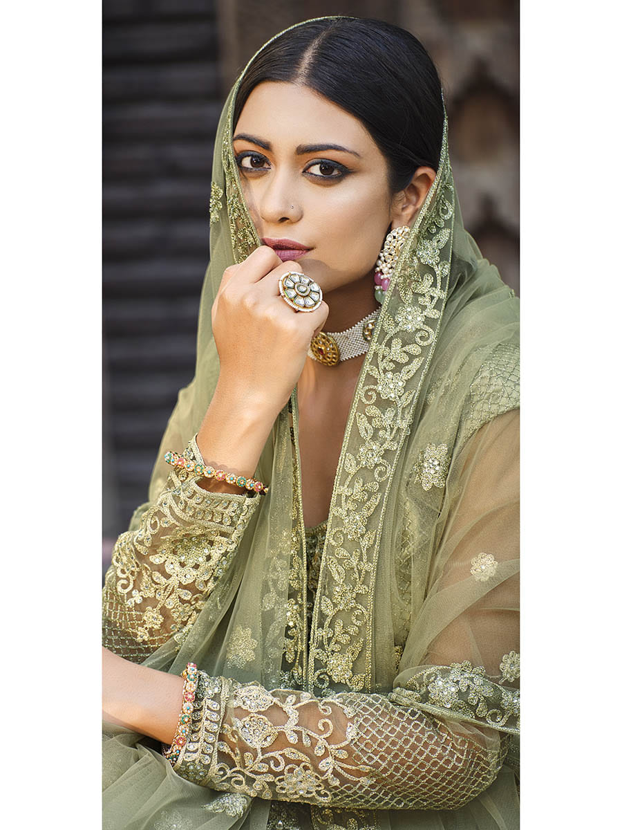 Myra Dusty Beige Butterfly Net Heavy Embroidered Designer Anarkali Suit - Distacart