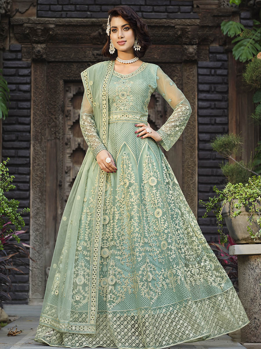 Myra Dusty Pista Butterfly Net Heavy Embroidered Designer Anarkali Suit - Distacart
