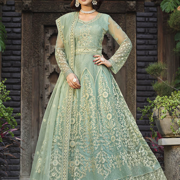 Myra Dusty Pista Butterfly Net Heavy Embroidered Designer Anarkali Suit - Distacart