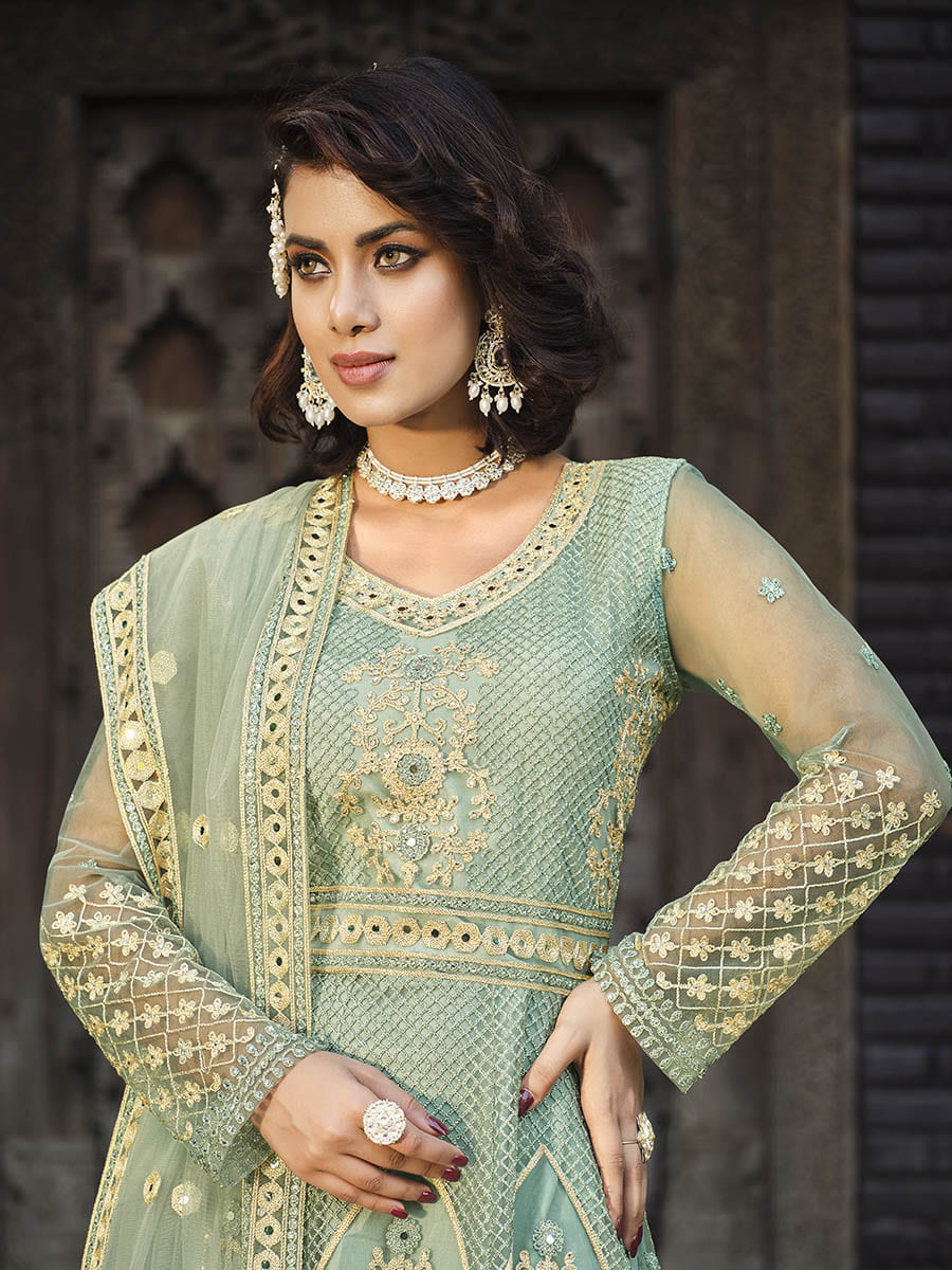 Myra Dusty Pista Butterfly Net Heavy Embroidered Designer Anarkali Suit - Distacart