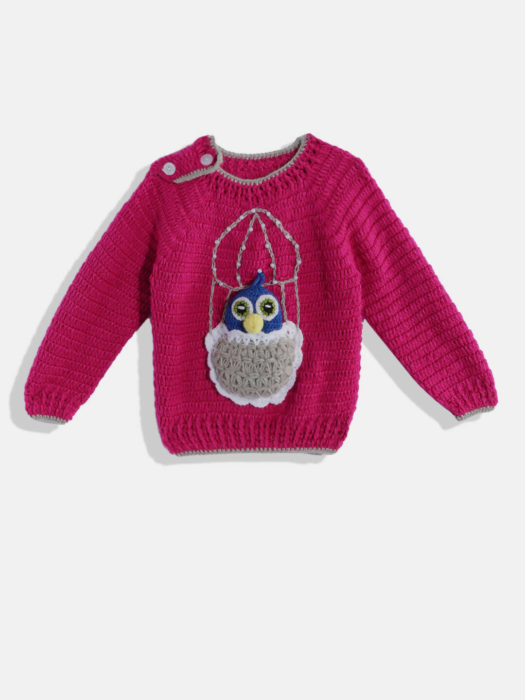 Chutput Kids Woollen Hand Knitted Full Sleeves Bird Detail Sweater - Magenta - Distacart