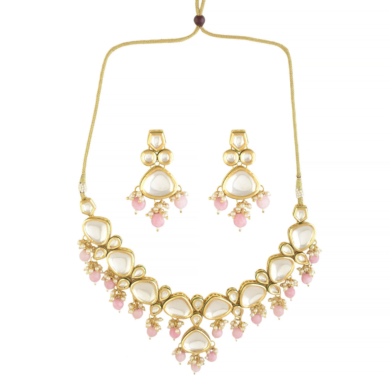Peryl Women's Pearl & Pink Beaded Gold Tone Kundan Inspired Necklace With Earrings - Distacart