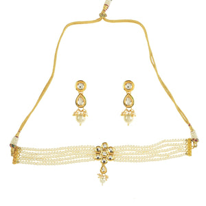 Peryl Women's Pearl Beaded Kundan Floral Choker Necklace With Earrings - Distacart
