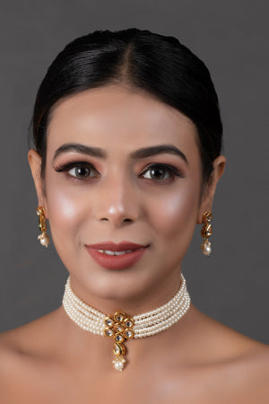 Peryl Women's Pearl Beaded Kundan Floral Choker Necklace With Earrings - Distacart