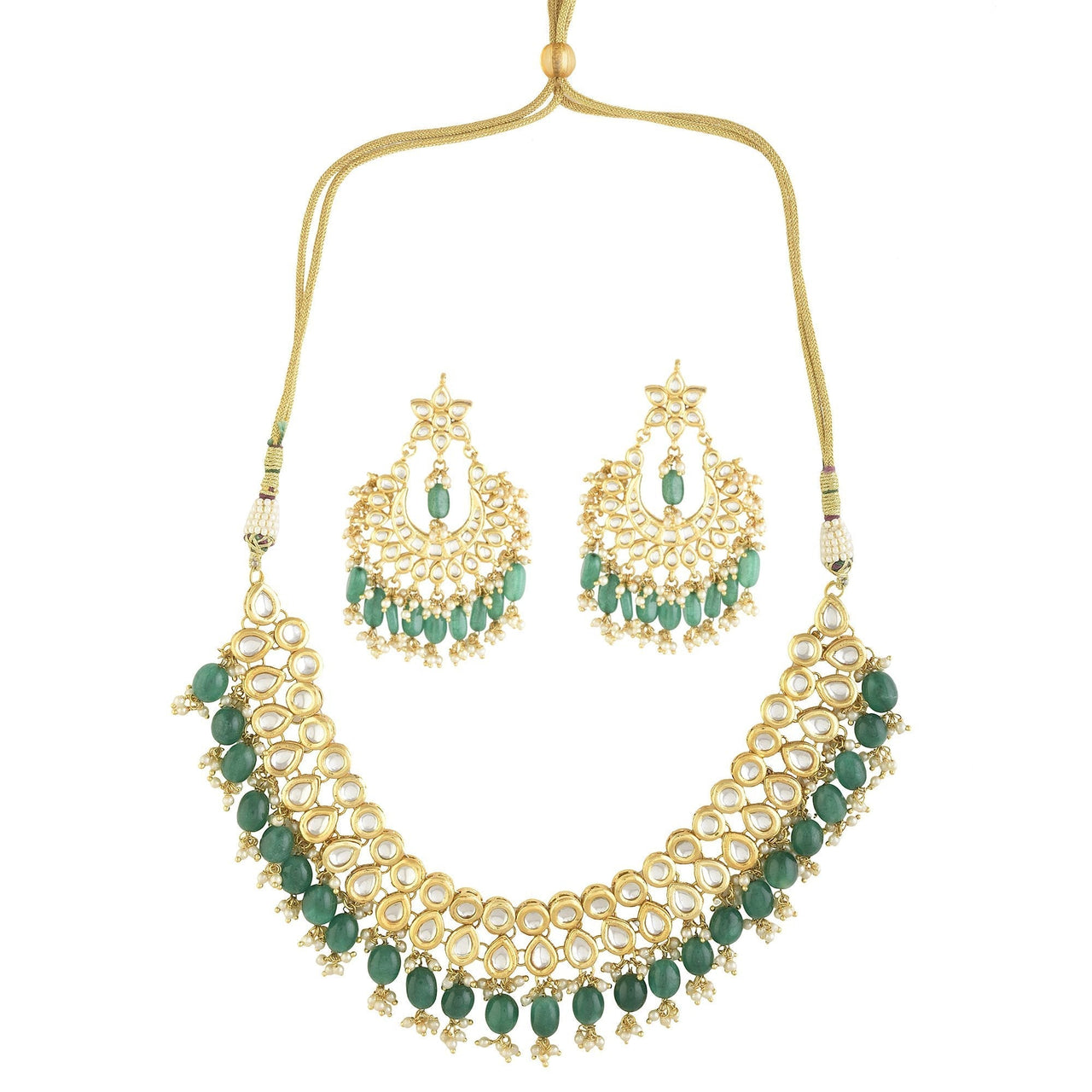 Peryl Women's Emerald Beaded Gold Toned Kundan Embellished Necklace With Chandbali - Distacart