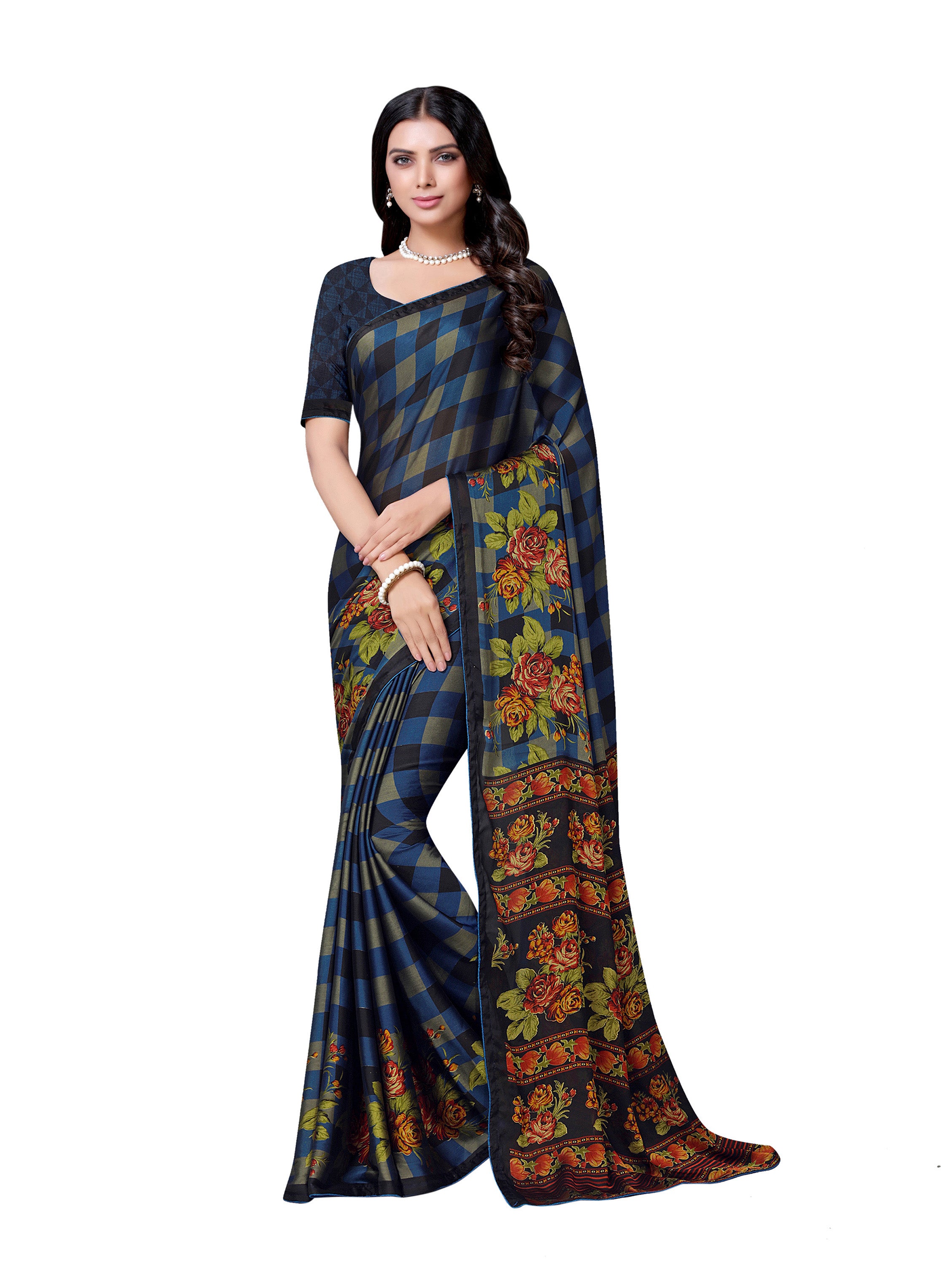 Vamika Black & Blue Desinger China Chifon With Piping And Lace Saree - Distacart