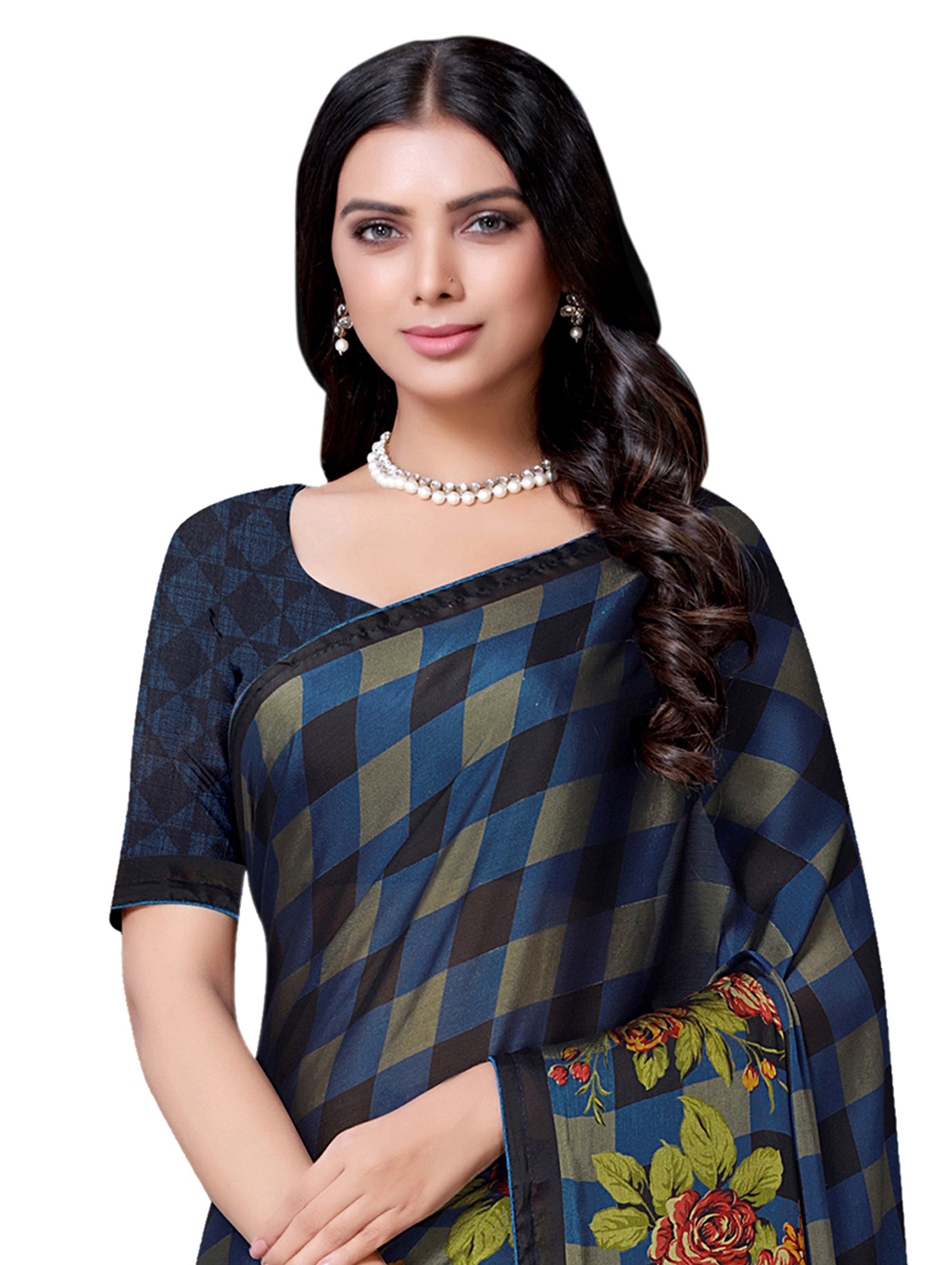 Vamika Black & Blue Desinger China Chifon With Piping And Lace Saree - Distacart