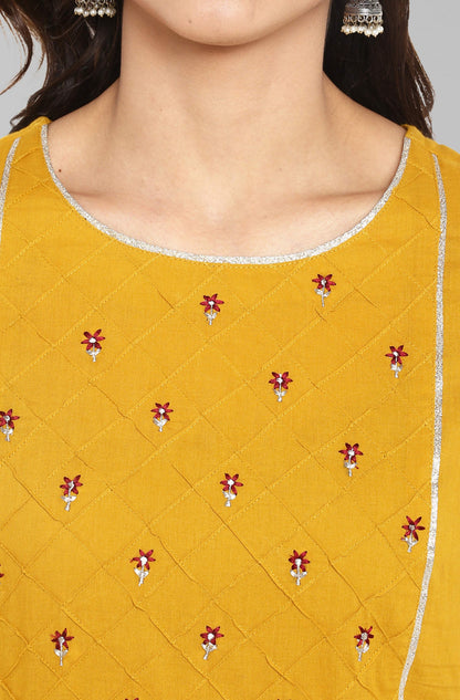 Janasya Women's Mustard Cotton Embroidered Kurta With Palazzo - Distacart