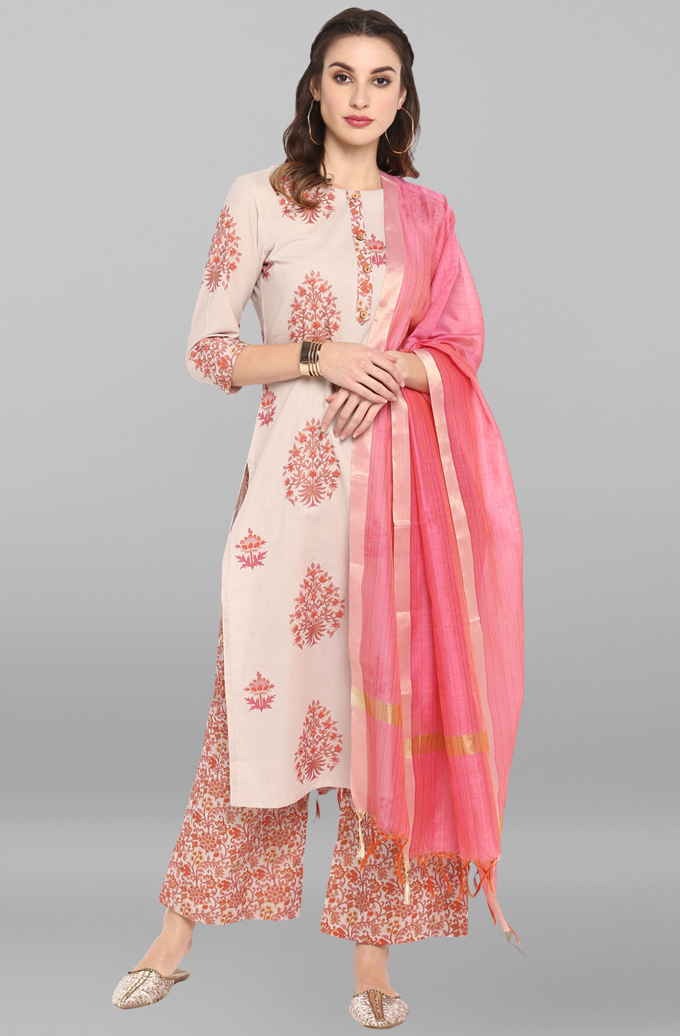 Janasya Women's Lilac Cotton Block Print Kurta With Palazzo And Dupatta - Distacart