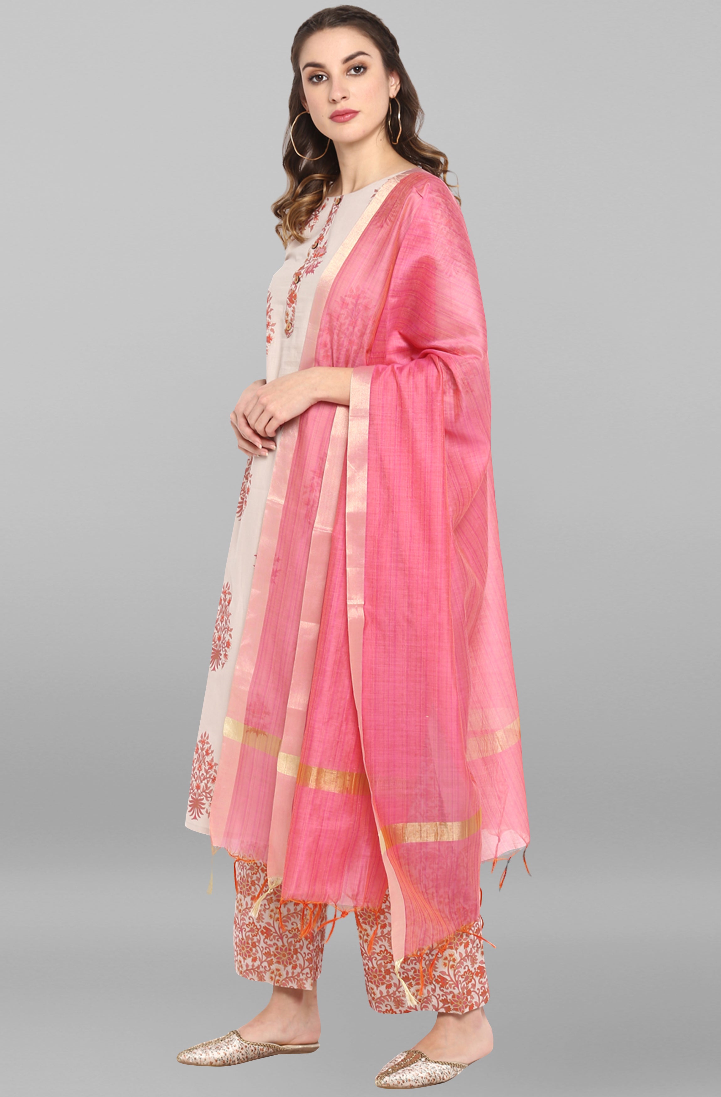 Janasya Women's Lilac Cotton Block Print Kurta With Palazzo And Dupatta - Distacart