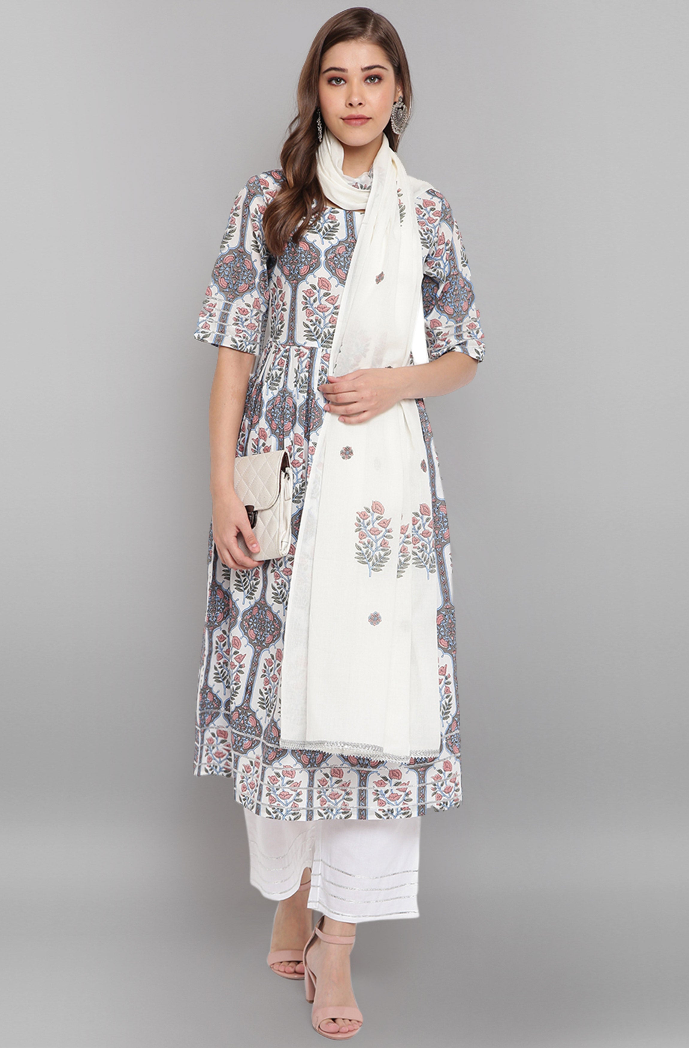 Janasya Women's White Cotton Botanical Print Kurta With Palazzo And Dupatta - Distacart