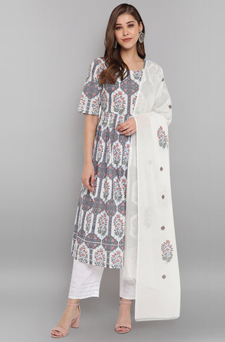 Janasya Women's White Cotton Botanical Print Kurta With Palazzo And Dupatta - Distacart