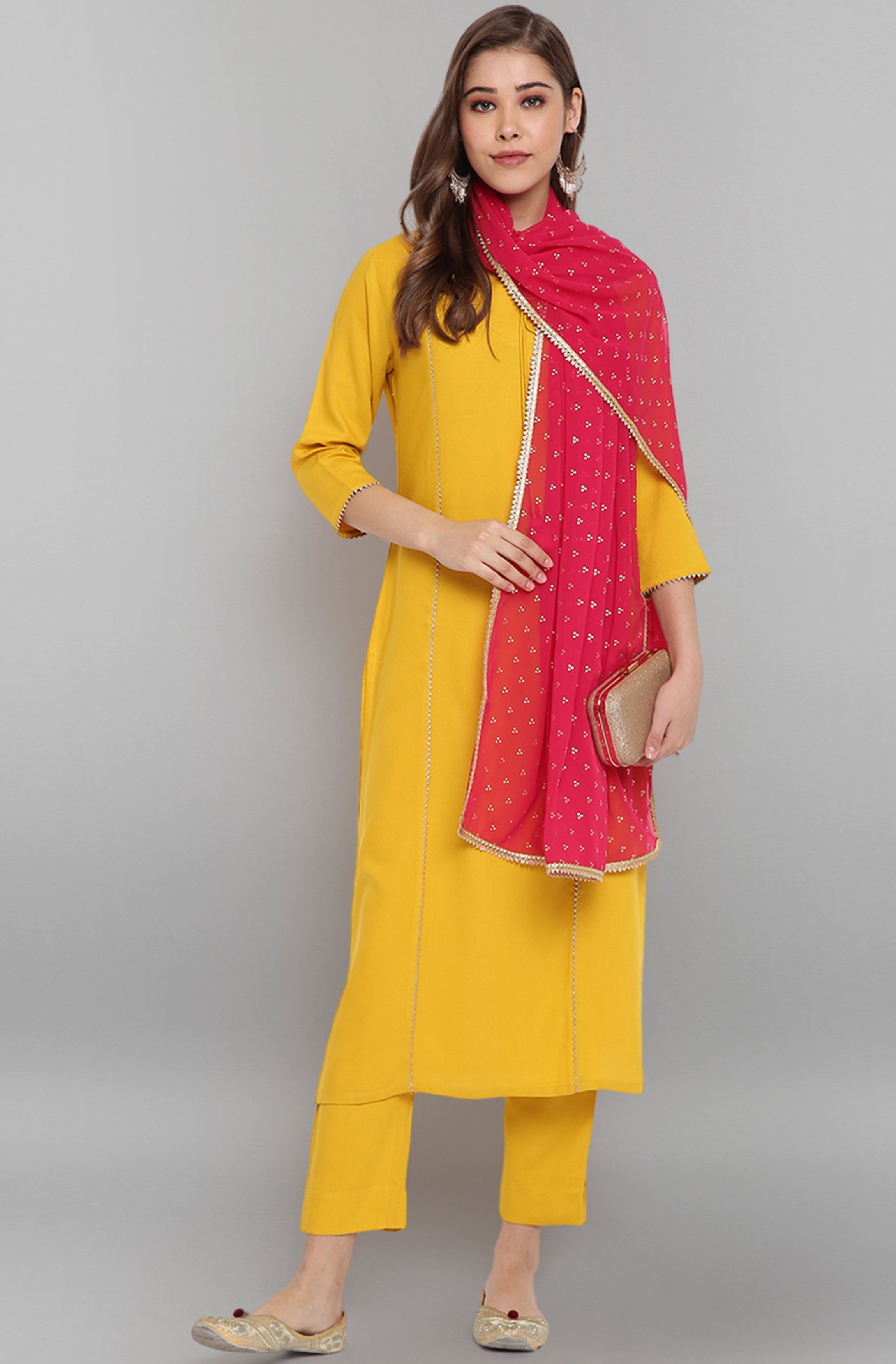 Janasya Women's Mustard Rayon Solid Kurta With Pant And Dupatta - Distacart