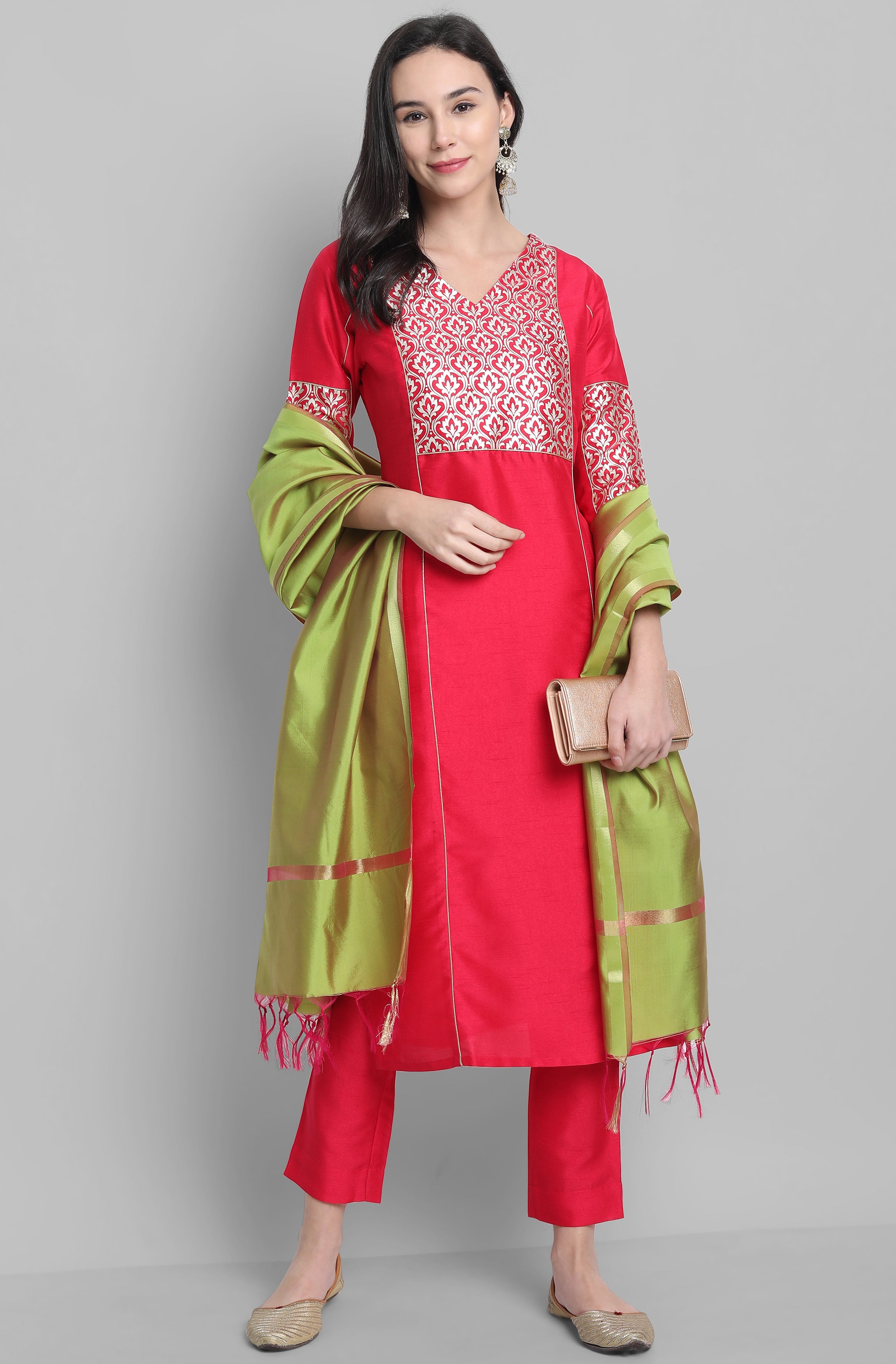 Janasya Women's Pink Poly Silk Floral Printed Straight Festive Kurta Set - Distacart