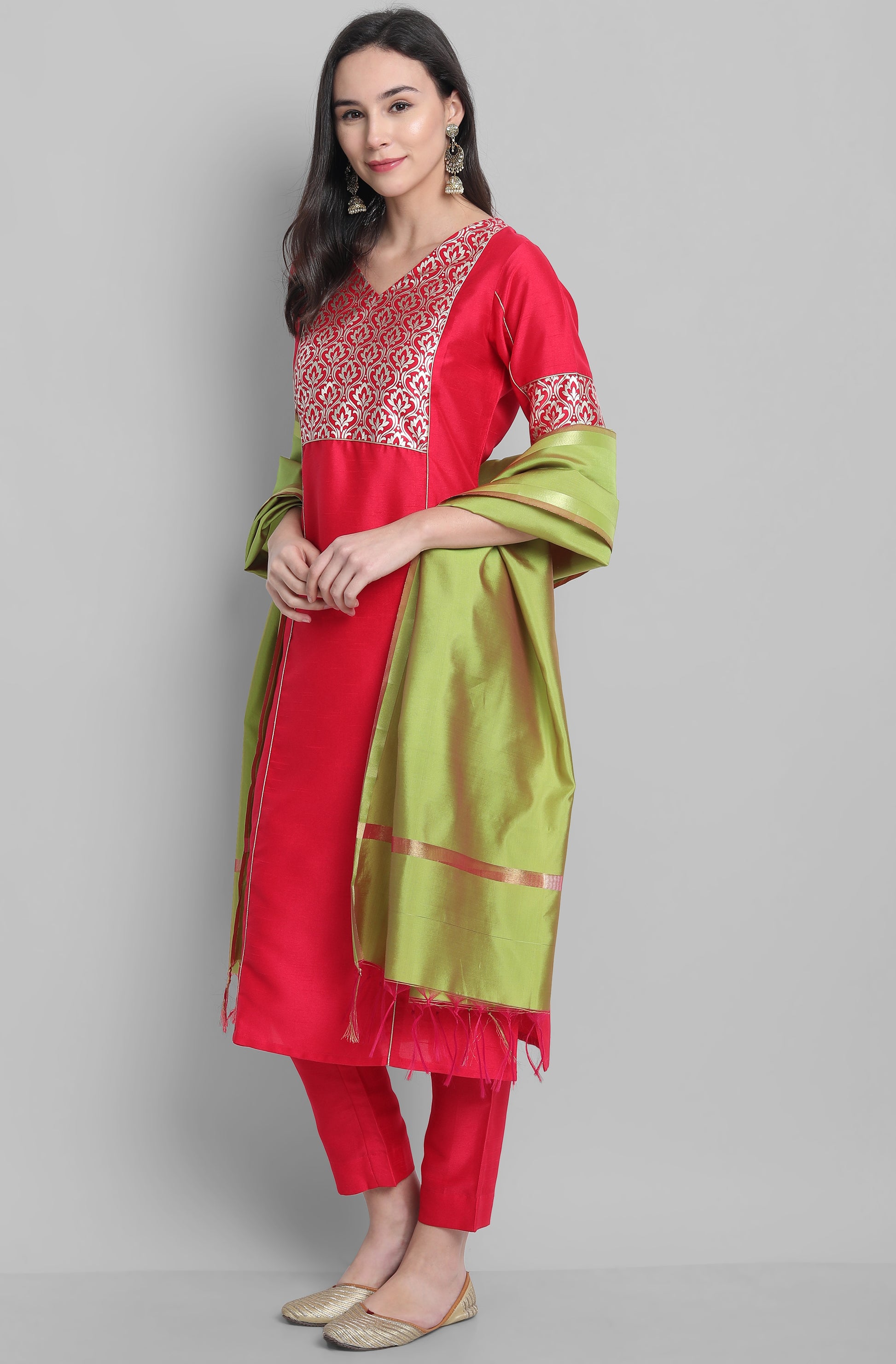 Janasya Women's Pink Poly Silk Floral Printed Straight Festive Kurta Set - Distacart