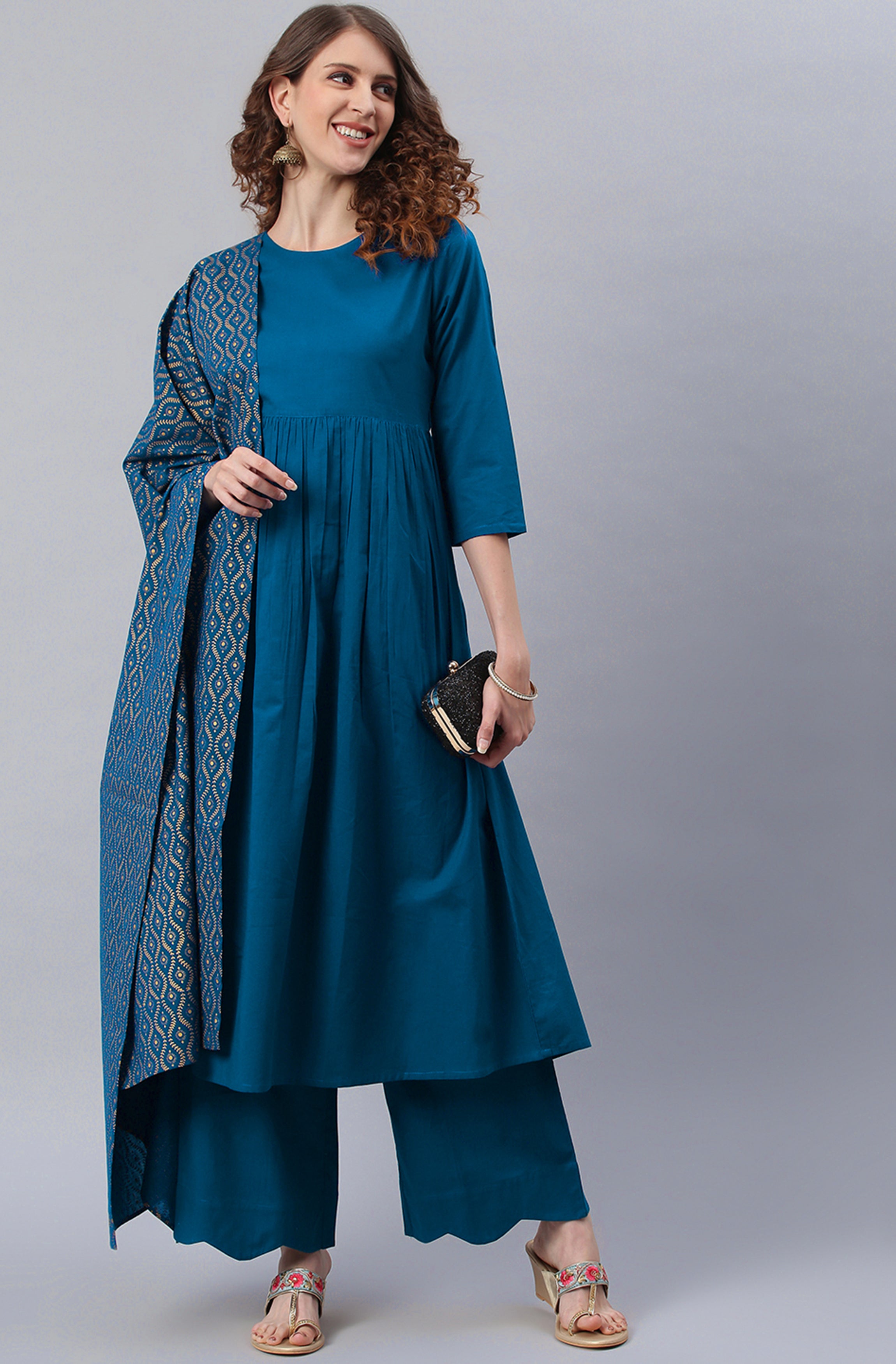 Janasya Women's Blue Cotton Solid Kurta With Palazzo And Dupatta - Distacart