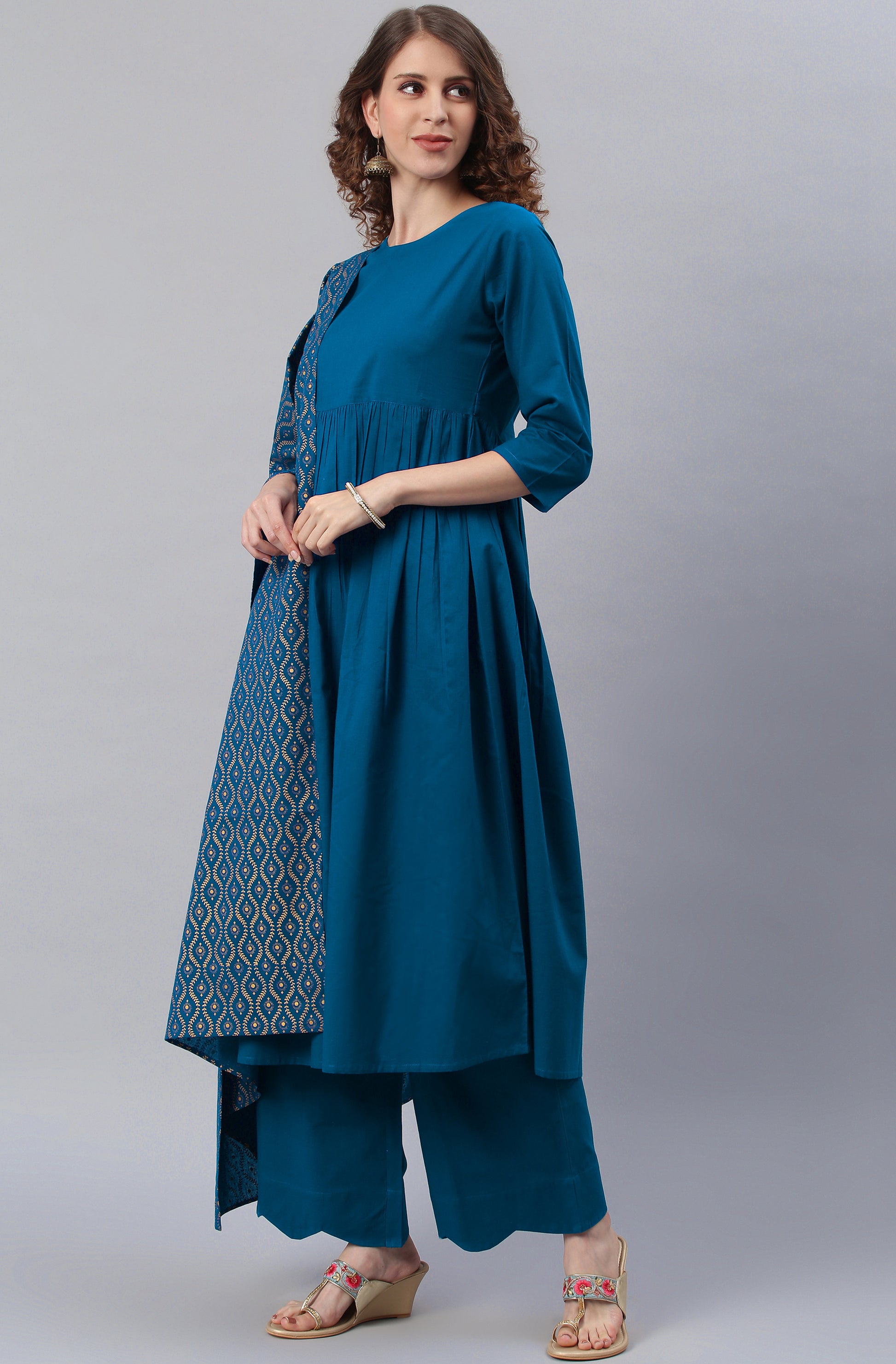 Janasya Women's Blue Cotton Solid Kurta With Palazzo And Dupatta - Distacart