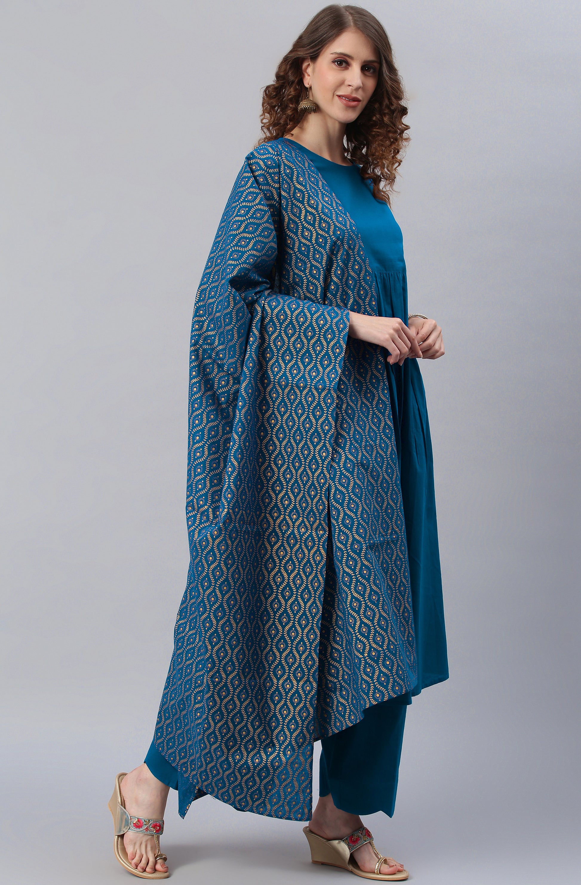 Janasya Women's Blue Cotton Solid Kurta With Palazzo And Dupatta - Distacart